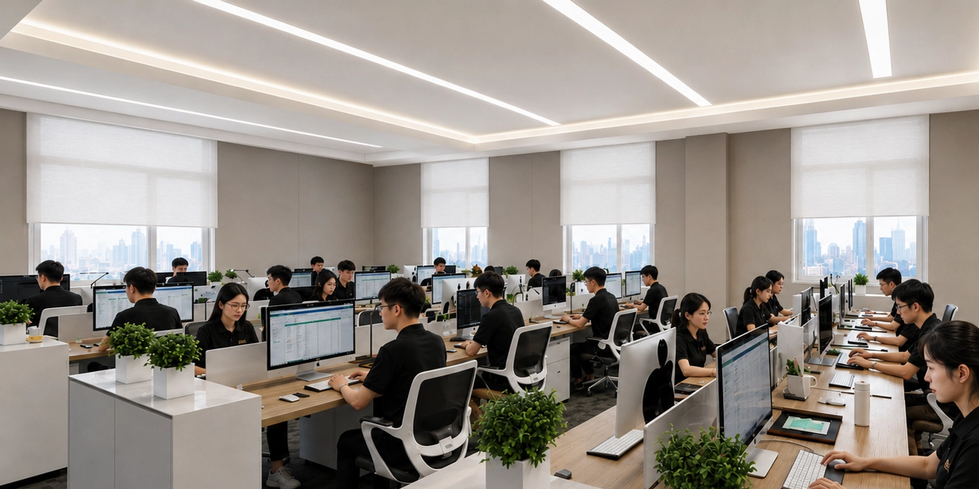 Modern open‑plan office with employees working at workstations