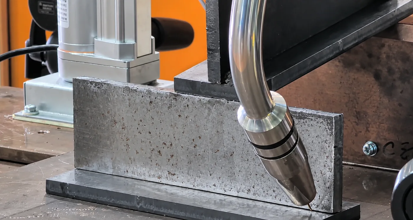Collaborative robot welding a 6 mm fillet joint on carbon steel with no spatter on the plate